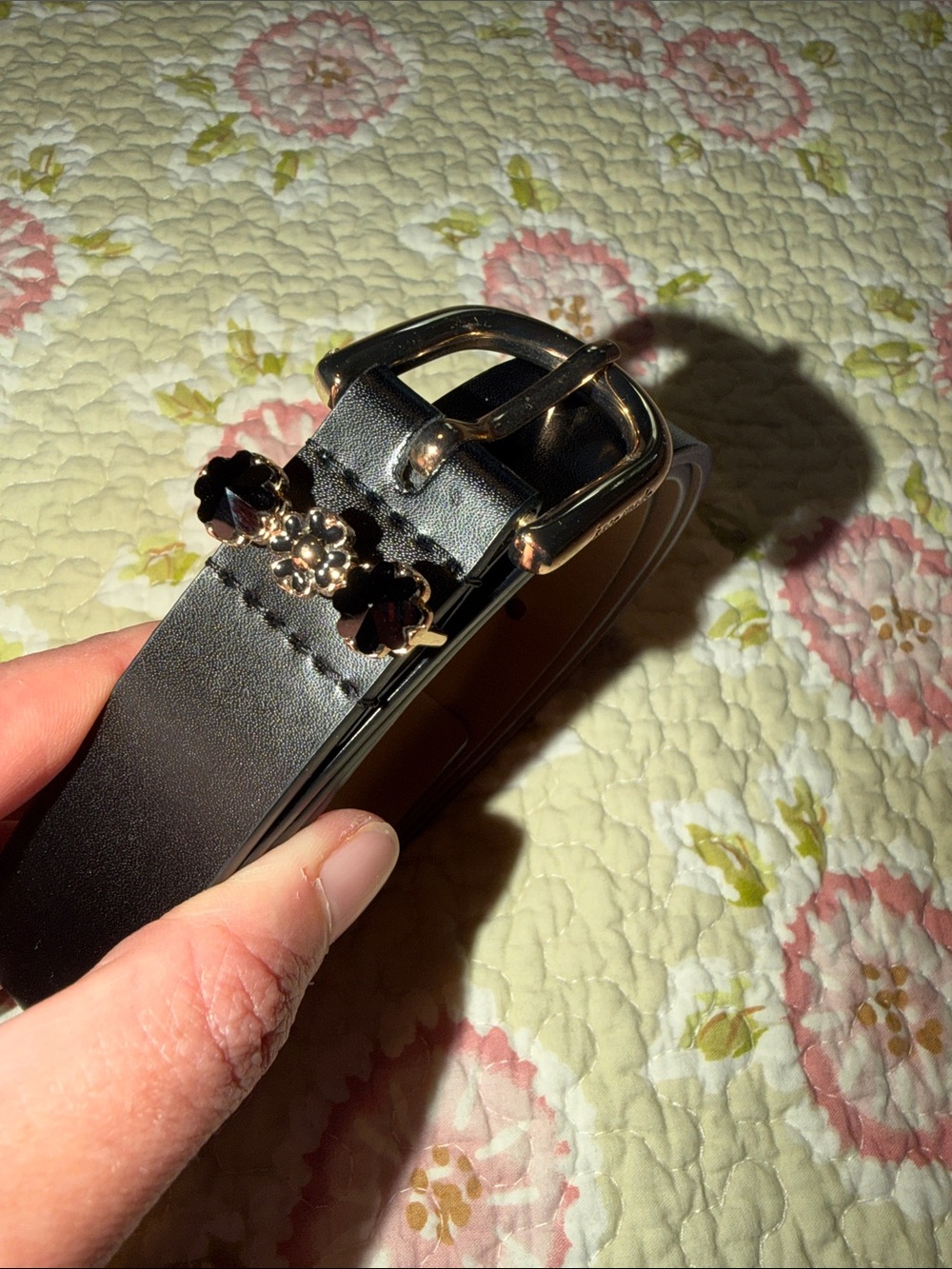 Kate Spade Black Leather Belt with Floral Jewel Accent